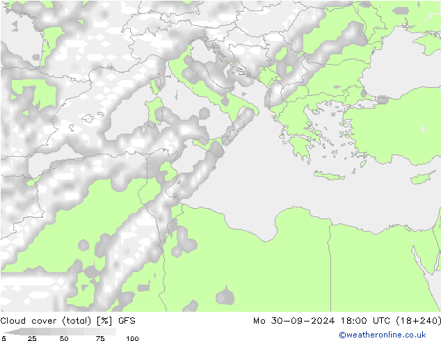 Bewolking (Totaal) GFS ma 30.09.2024 18 UTC