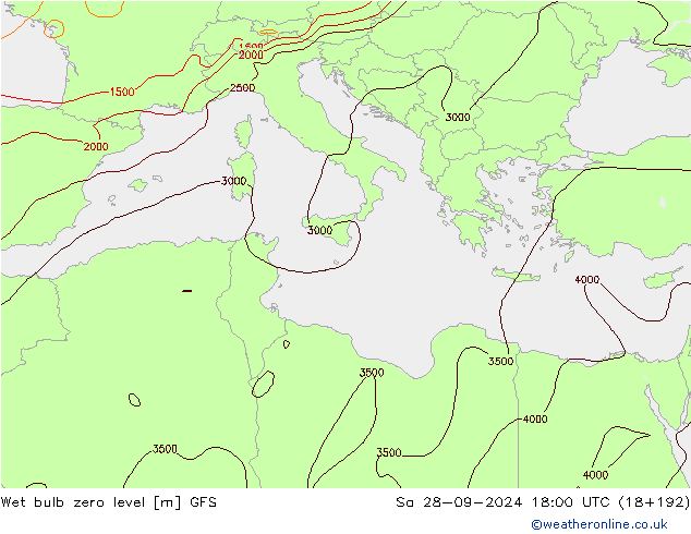 Wet bulb zero level GFS сб 28.09.2024 18 UTC