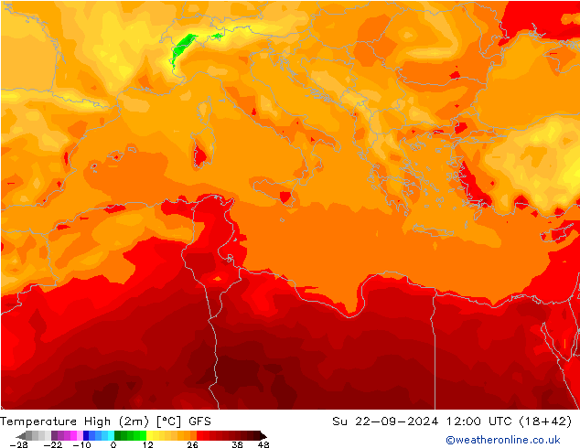 Max. Temperatura (2m) GFS nie. 22.09.2024 12 UTC