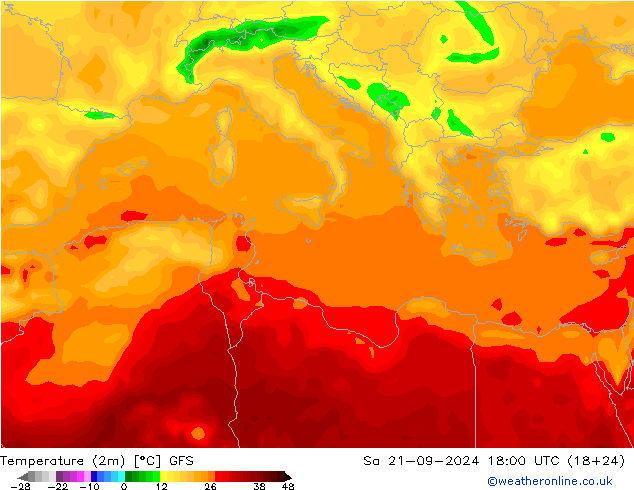 Temperatuurkaart (2m) GFS za 21.09.2024 18 UTC