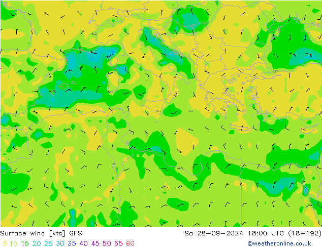 Rüzgar 10 m GFS Cts 28.09.2024 18 UTC