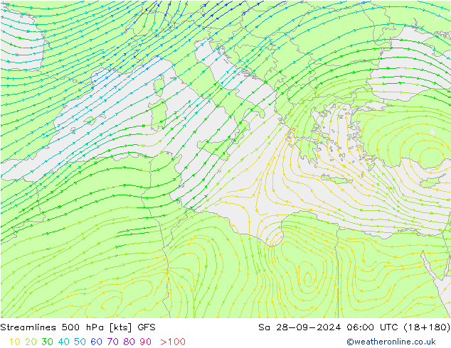 Linea di flusso 500 hPa GFS sab 28.09.2024 06 UTC