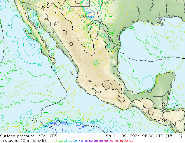 Izotacha (km/godz) GFS so. 21.09.2024 06 UTC