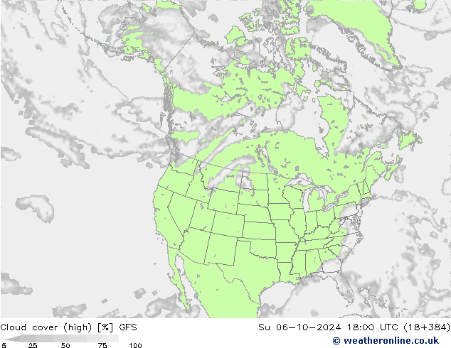 Cloud cover (high) GFS Su 06.10.2024 18 UTC