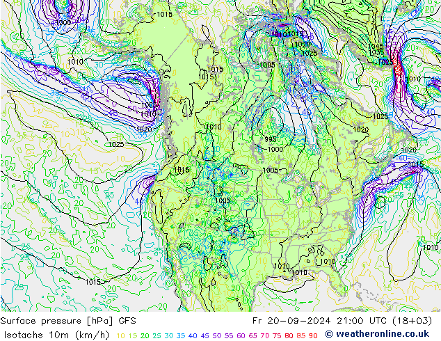 Isotachs (kph) GFS Sex 20.09.2024 21 UTC