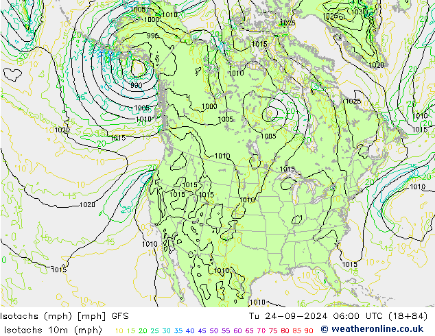 Isotachen (mph) GFS Di 24.09.2024 06 UTC