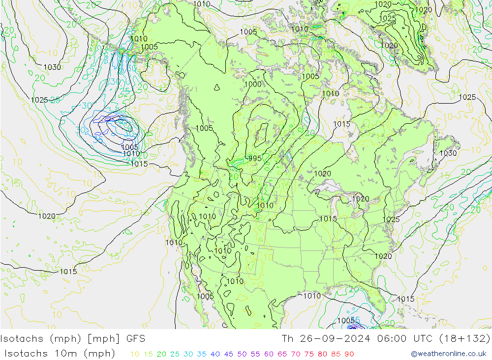 Isotachs (mph) GFS gio 26.09.2024 06 UTC