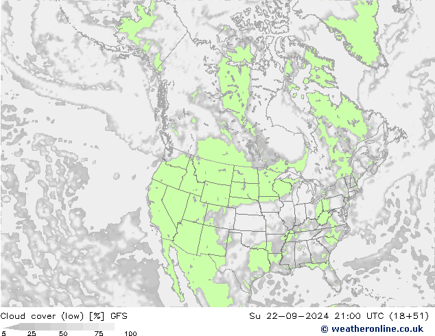 Cloud cover (low) GFS Su 22.09.2024 21 UTC