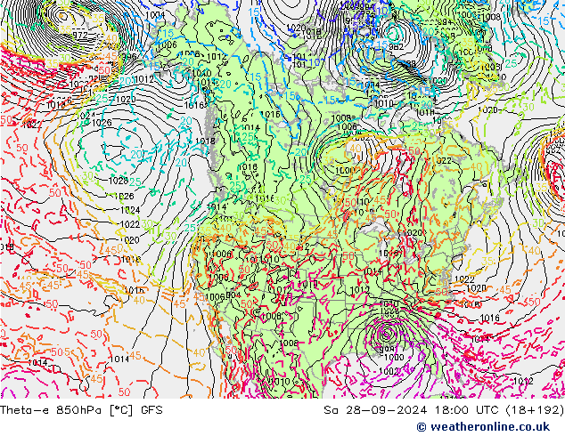 Theta-e 850hPa GFS Sa 28.09.2024 18 UTC