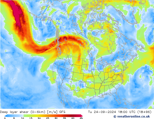 Deep layer shear (0-6km) GFS Út 24.09.2024 18 UTC