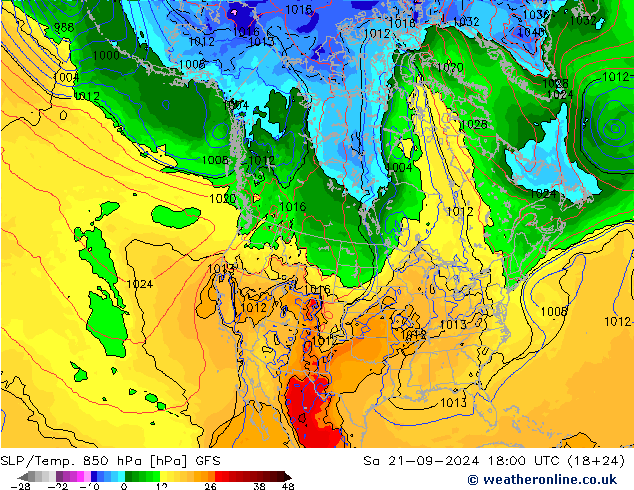 SLP/Temp. 850 hPa GFS sam 21.09.2024 18 UTC