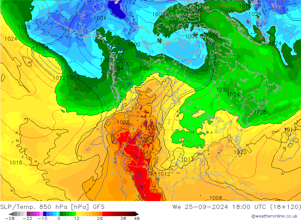 SLP/Temp. 850 hPa GFS Qua 25.09.2024 18 UTC