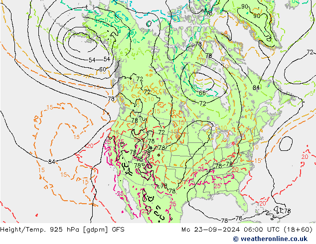 Height/Temp. 925 hPa GFS lun 23.09.2024 06 UTC