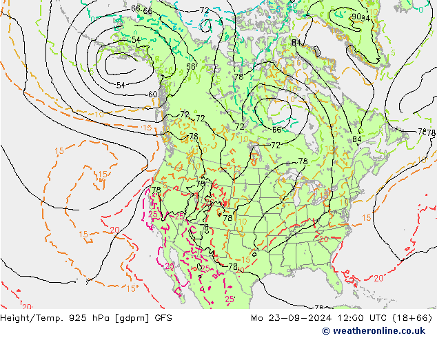 Height/Temp. 925 hPa GFS Mo 23.09.2024 12 UTC