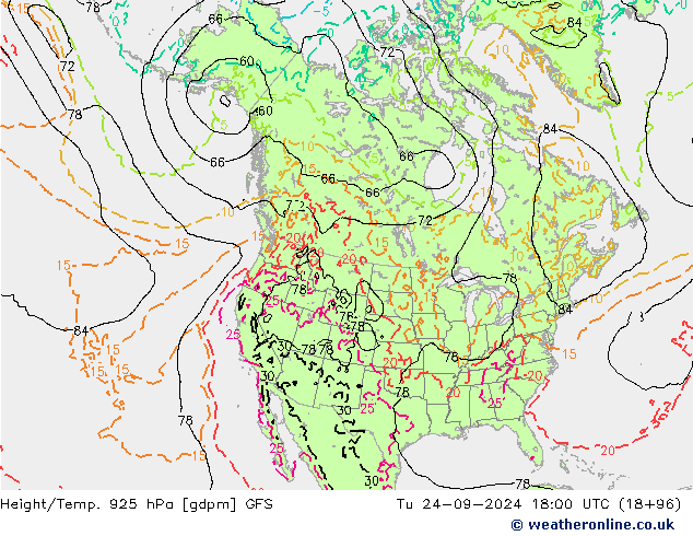 Height/Temp. 925 hPa GFS Ter 24.09.2024 18 UTC