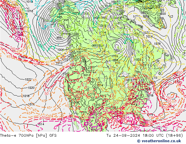 Theta-e 700hPa GFS Tu 24.09.2024 18 UTC