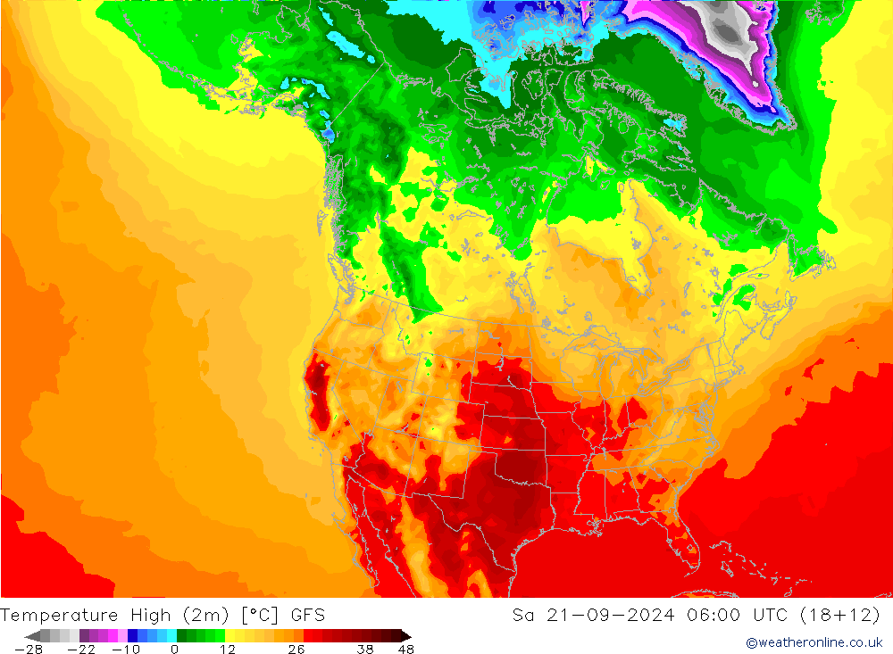 Nejvyšší teplota (2m) GFS So 21.09.2024 06 UTC