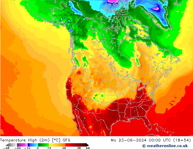 Nejvyšší teplota (2m) GFS Po 23.09.2024 00 UTC