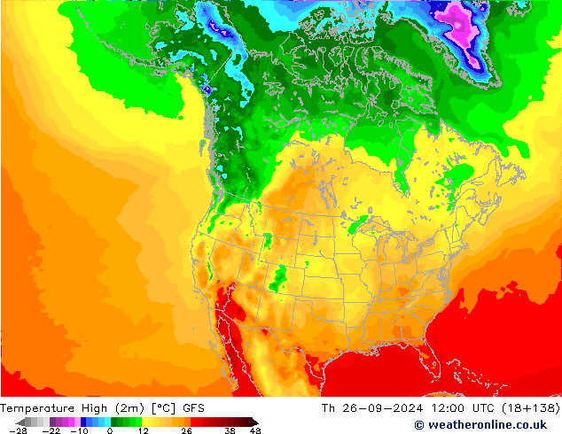 Max. Temperatura (2m) GFS czw. 26.09.2024 12 UTC