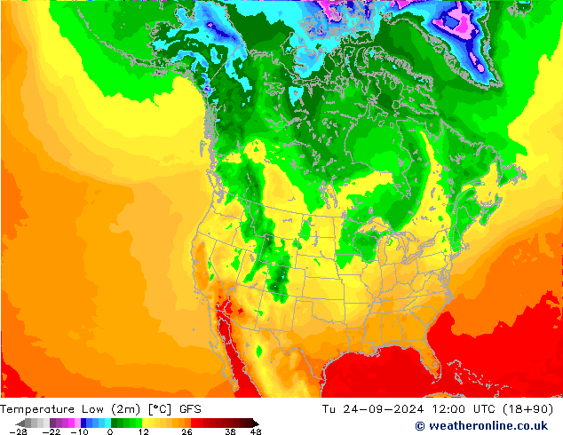 Min.temperatuur (2m) GFS di 24.09.2024 12 UTC