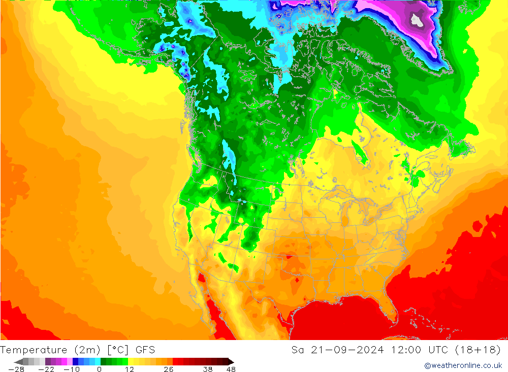 Temperature (2m) GFS Sa 21.09.2024 12 UTC