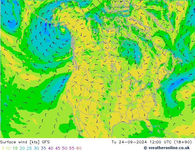 Surface wind GFS Út 24.09.2024 12 UTC