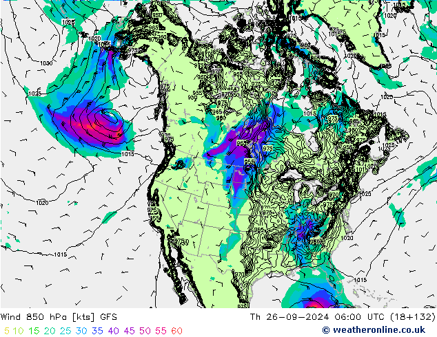 Vento 850 hPa GFS gio 26.09.2024 06 UTC