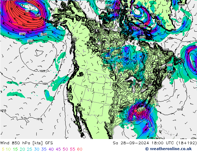 Wind 850 hPa GFS za 28.09.2024 18 UTC