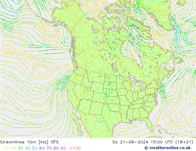 Streamlines 10m GFS Sa 21.09.2024 15 UTC