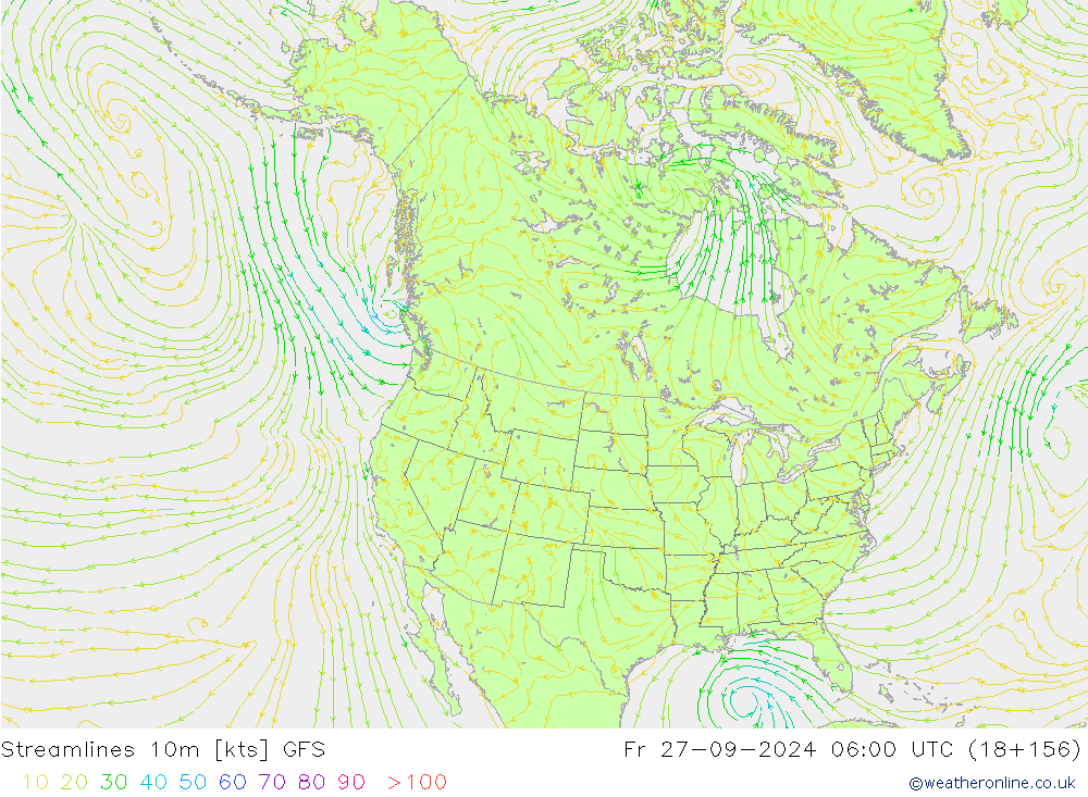 Linia prądu 10m GFS pt. 27.09.2024 06 UTC