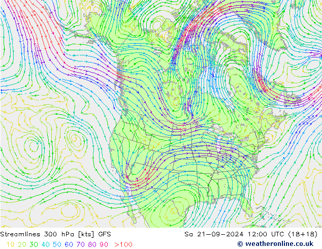 Streamlines 300 hPa GFS Sa 21.09.2024 12 UTC