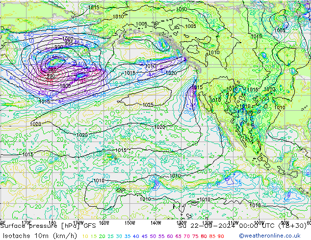 Isotachs (kph) GFS Ne 22.09.2024 00 UTC