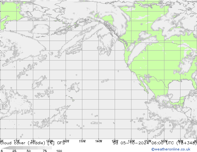 Cloud cover (middle) GFS Sa 05.10.2024 06 UTC