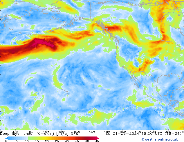 Deep layer shear (0-6km) GFS Sa 21.09.2024 18 UTC