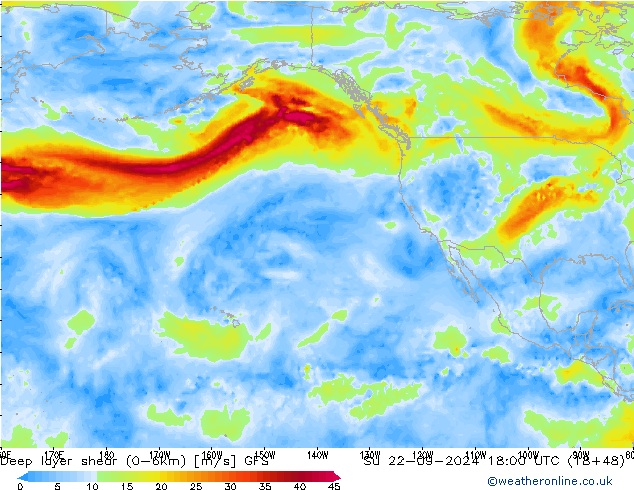 Deep layer shear (0-6km) GFS zo 22.09.2024 18 UTC