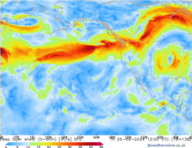 Deep layer shear (0-6km) GFS Th 26.09.2024 12 UTC