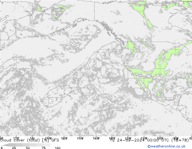 Cloud cover (total) GFS Tu 24.09.2024 00 UTC