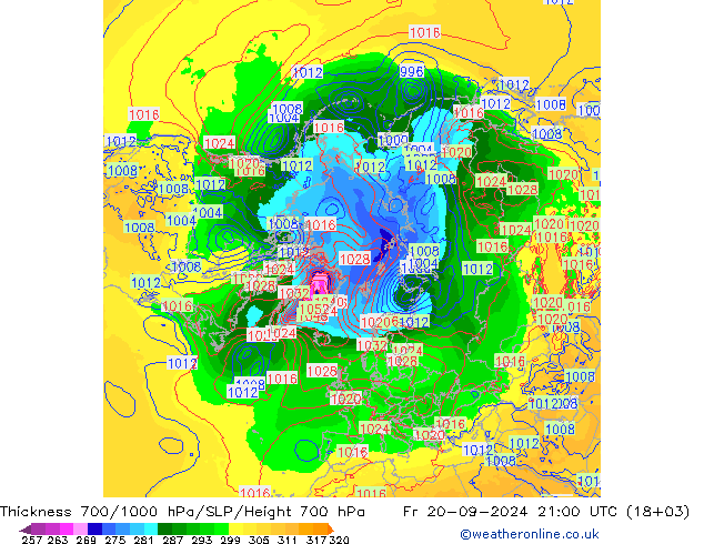 Thck 700-1000 гПа GFS пт 20.09.2024 21 UTC