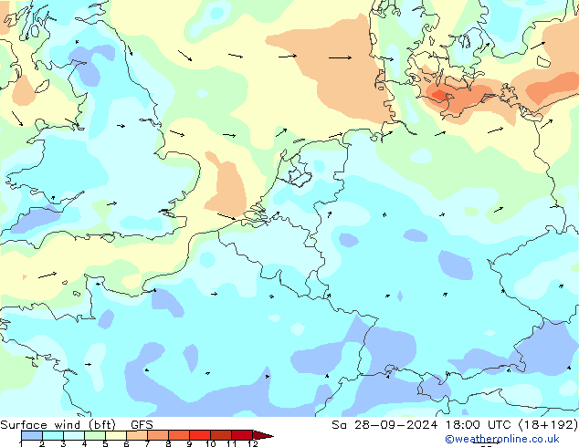 �N 10 米 (bft) GFS 星期六 28.09.2024 18 UTC