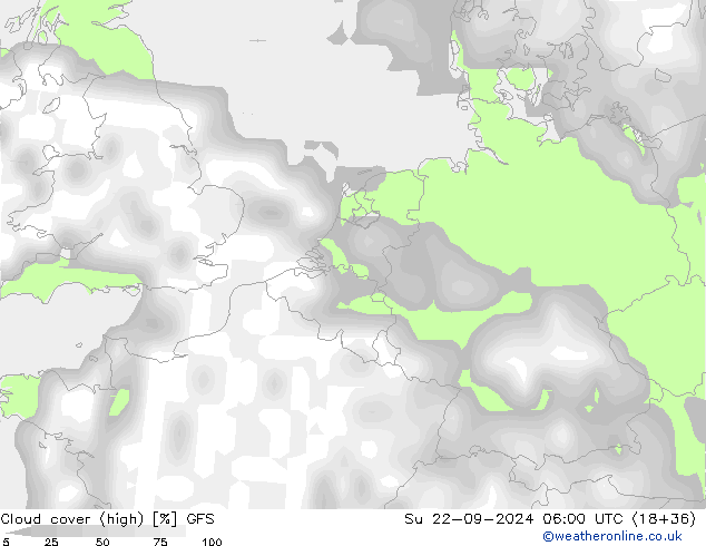 Cloud cover (high) GFS Su 22.09.2024 06 UTC