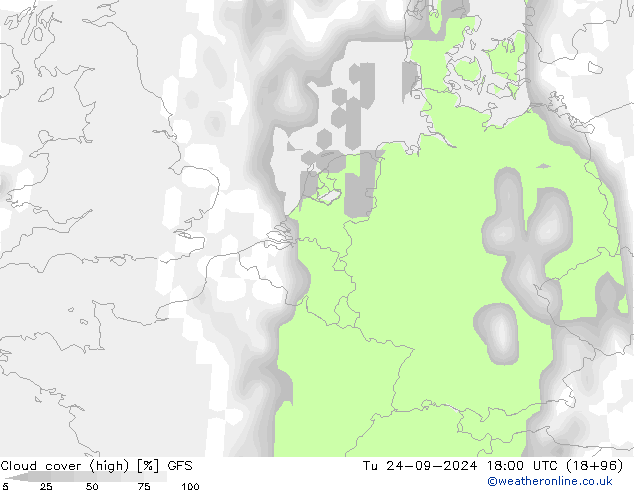 Cloud cover (high) GFS Tu 24.09.2024 18 UTC