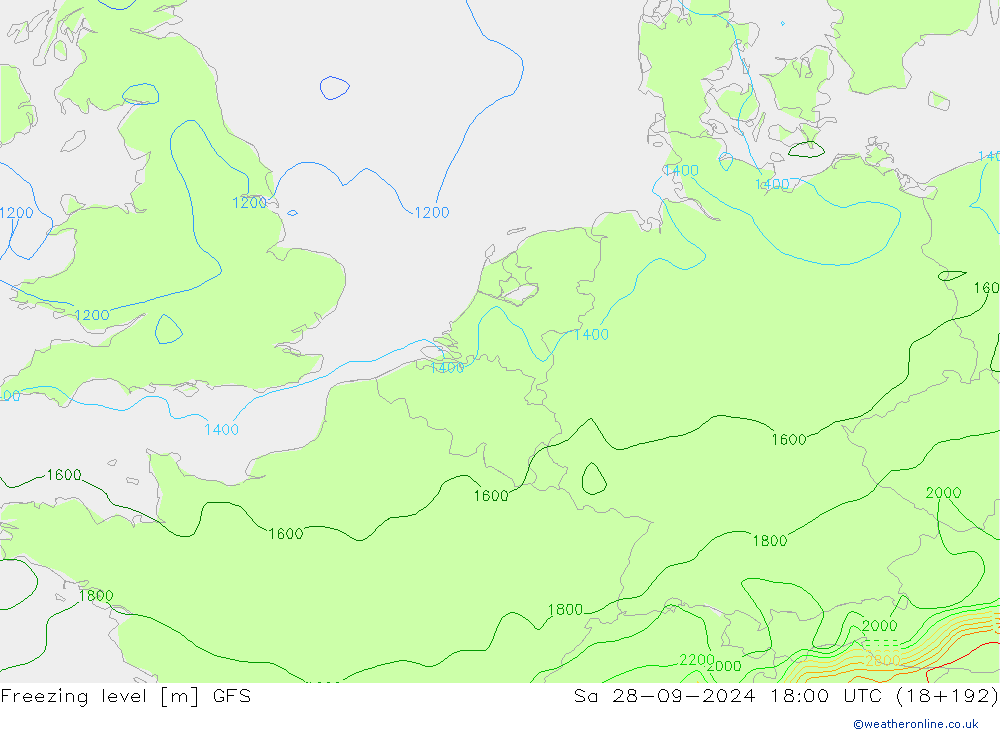 Freezing level GFS 星期六 28.09.2024 18 UTC