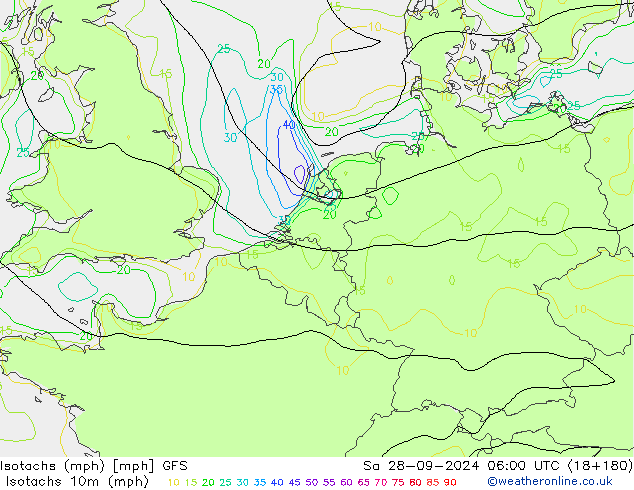 Isotachs (mph) GFS сб 28.09.2024 06 UTC