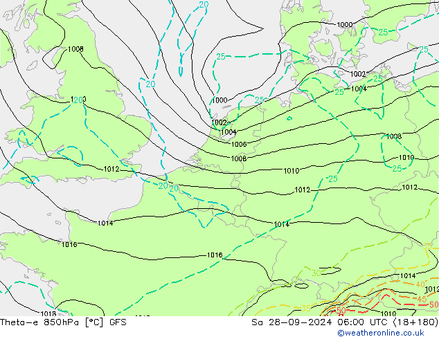 Theta-e 850hPa GFS Sa 28.09.2024 06 UTC