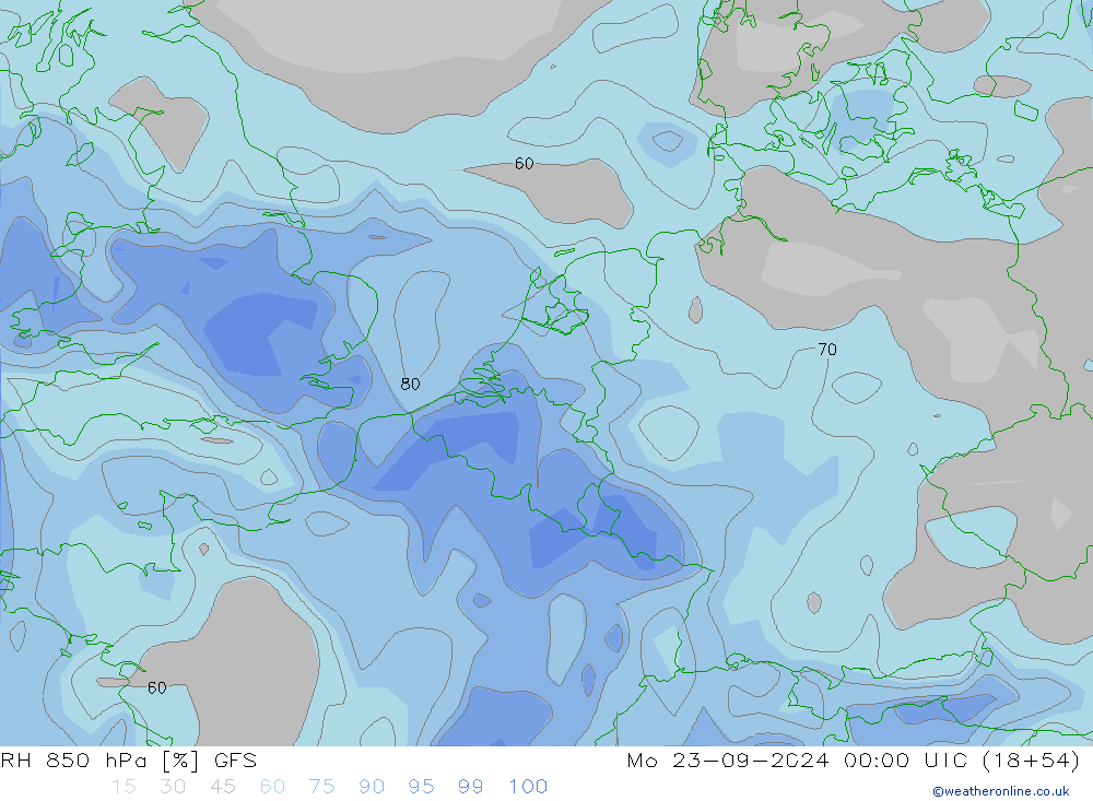 RH 850 hPa GFS Po 23.09.2024 00 UTC