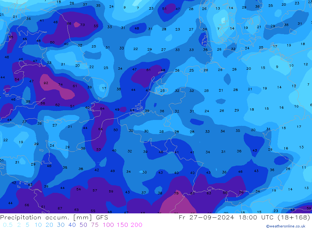 Totale neerslag GFS vr 27.09.2024 18 UTC