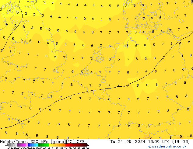 Height/Temp. 850 hPa GFS Út 24.09.2024 18 UTC