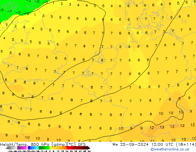 Height/Temp. 850 гПа GFS ср 25.09.2024 12 UTC