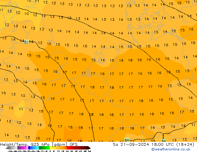 Height/Temp. 925 hPa GFS Sa 21.09.2024 18 UTC