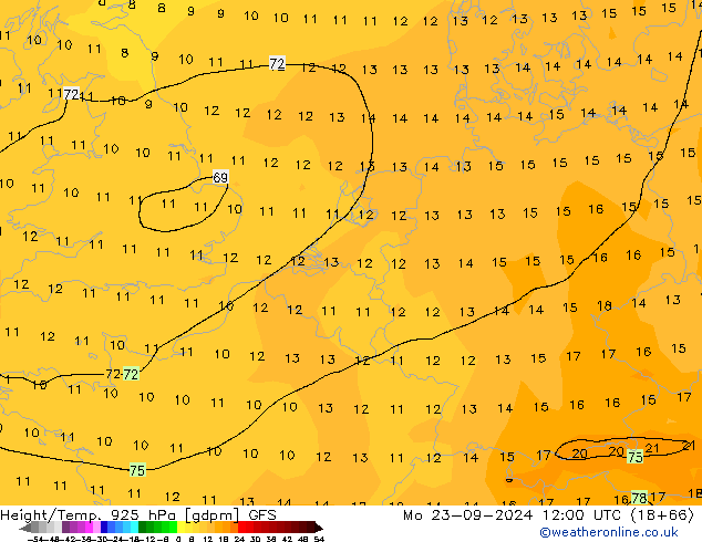 Hoogte/Temp. 925 hPa GFS ma 23.09.2024 12 UTC